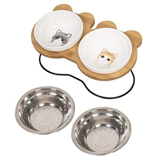 Jemirry Ceramic Titl Angle Elevated Raised Pet Bowl with Wood Stand for Cats and Puppy, Cat Food Water Basic Bowl