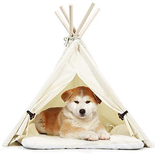 Tangkula Pet Teepee, Pent Tent w/Thick & Anti-Slip Cushion, Portable Pet House w/Stable Structure for Puppy Cat Rabbit, Washable Indoor Outdoor Pet Sleep Bed Luxury Cozy Cave