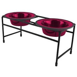 Platinum Pets Double Diner Feeder with Stainless Steel Cat Bowls, 6 oz, Raspberry