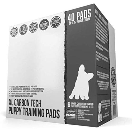 Bulldoglogy Carbon Black Puppy Pee Pads with Adhesive Sticky Tape - Extra Large Charcoal Housebreaking Dog Training Wee Pads (24x35) 6 Layers with Extra Quick Dry Bullsorbent Polymer (40-Count)