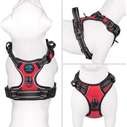 PHOEPET No Pull Dog Harness Medium Reflective Front Clip Vest with Handle,Adjustable 2 Metal Rings 3 Buckles[Easy to Put on & Take Off](M, Red)