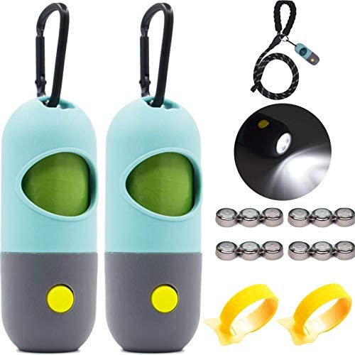 HERSONG 2 pcs LED Dog Poop Bag Holder for Leash, Dog Waste Bag Dispenser with LED Flashlight, Pet Waste Bag Distributor, Include 2 Rolls Biodegradable Extra Thick Leak Proof Poop Bags