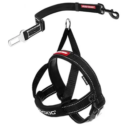 EzyDog Quick Fit No Pull Adjustable Harness Vest (Large, Black) and EzyDog Click - Car Seatbelt Harness Attachment (17.5in - 26in) EzyDog Quick Fit No Pull Adjustable Harness Vest (Large, Black) and EzyDog Click - Car Seatbelt Harness Attachment (17.5in - 26in)