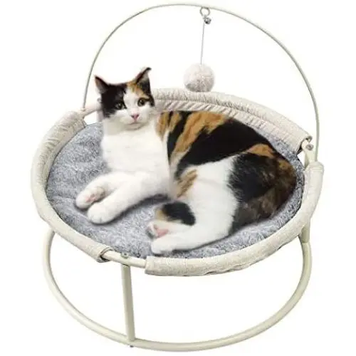 SAVFOX Luxury Soft Comfy Long Plush Indoor Elevated Cat Bed & Hammock with Stand Detachable Washable and Portable Pet Bed Safe & Stable with Dangling Ball for Kitten Cats and Small Dogs Pink and Beige