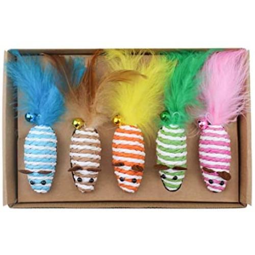 Aopiu 5 Pcs/Set Interactive Pet Cat Toys, Cat Stick Wand Feather Bell Sisal Mouse Mice