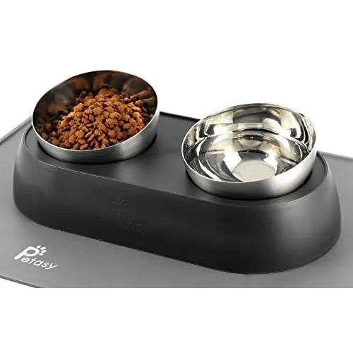 Petasy Elevated Cat Food Bowls with Silicone Feeding Mat for Kittens, Cats, Small Dogs - Anti-Stress Raised Stainless Steel Pet Bowl Dishwasher-Safe Food & Water Dish Slow Feeder for Whisker Fatigue