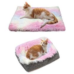 Cat Bed/Mat for Indoor Cats, Soft Colorful Plush 2-in-1 Pet Bed Snooze Matted Warming Comfortable House, Faux Fur Kittens Cushion Bed with Anti Slip Bottom, Small Dogs Cats Washable Couch for Floor