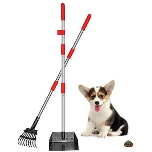 QiMH Upgraded Dog Pooper Scooper, Adjustable Long Handle Stainless Metal Pet Poop Tray and Rake Set for Small Medium Dogs, Dog Waste Removal Bin Rake Great for Grass, Street, Gravel