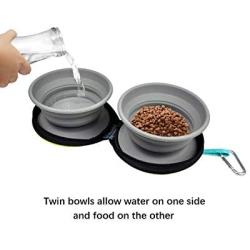 KALLAK Travel Twin Pet Bowls for Dogs or Cats, Collapsible Silicone Bowls for Food and Water Feeding, Foldable Zip Up Oxford Cloth Carry Case with Carabiner Clip, Portable Hiking Dog Bowl