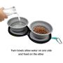 KALLAK Travel Twin Pet Bowls for Dogs or Cats, Collapsible Silicone Bowls for Food and Water Feeding, Foldable Zip Up Oxford Cloth Carry Case with Carabiner Clip, Portable Hiking Dog Bowl