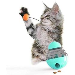 Cat Slow Feeder Ball, Sainwill Cat Tumbler with 2 Retractable Cat Toy, Adjustable Cat Puzzle Feeder, Funny Pet Leaking Food Training Ball, Funny Cat Food Ball for Cats, Lake Blue