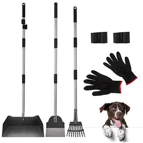 KOOLTAIL Dog Pooper Scooper Set - Tray and Spade and Rake - Adjustable 37.4 Inches Long Handle, Stainless Steel Heavy Duty Pet Waste Removal for Small Medium Large Dogs