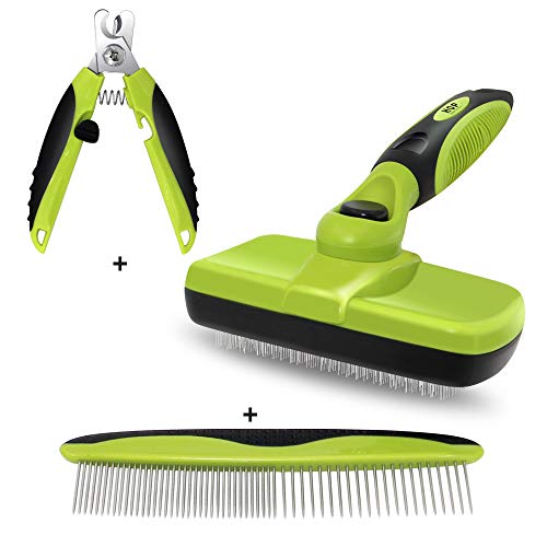 Self Cleaning Pet Comb Set For Hair Removal And Carding, Hair Removal Beauty Tools For Dogs, Cats and Pets - Gently Remove Long and Loose Underlay, Mats and tangled hair, Green