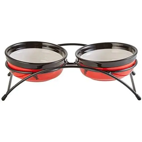 Royal Pet Club Eat On Feet Ceramic Cat Bowl Set (2 × 10 fl. oz) (Red/Black/Cream)