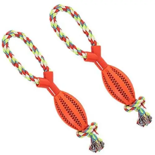 XIHONGSHIR Cotton Ball Toys, Rugby, Dog Toy Ball on Rope, Environmental Soft Rubber Non Toxic, Dog Tooth Cleaning Toy Balls, Catch and Fetch Pet Toy, 2Pcs (Blue),Red