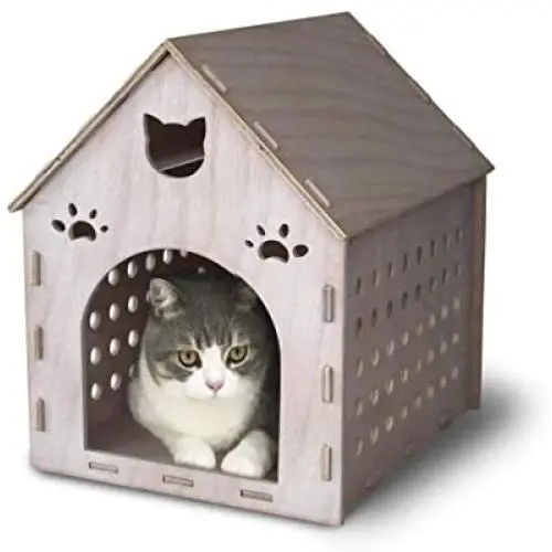 MadeTerra Wooden Kitty House Cat Shelter Fully Assembled Plywood Hide House for Cats, Rabbits and Small Dogs
