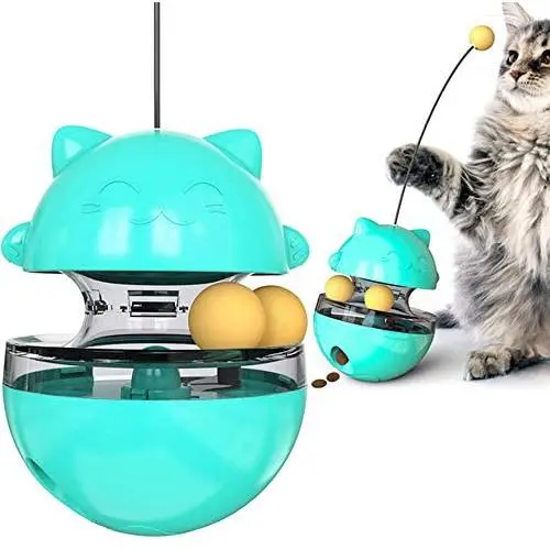 esonmus Cat Tumbler Toys, Cat Slow Feeder Toy Tumbler Shaped Food Dispensing Cat Interactive Toy Pet Treat Ball with Teasing Wand-Blue esonmus Cat Tumbler Toys, Cat Slow Feeder Toy Tumbler Shaped Food Dispensing Cat Interactive Toy Pet Treat Ball with Teasing Wand-Blue