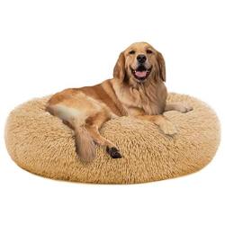 PUPPBUDD Calming Dog Bed Cat Bed Donut, Faux Fur Pet Bed Self-Warming Donut Cuddler, Comfortable Round Plush Dog Beds for Large Medium Dogs and Cats (24''/32''/36'')