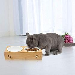 MLCINI Raised Dog cat Bowls with Stand, Solid Bamboo Non Slip Elevated Dog cat Bowls and 2 Stainless Steel Food Water Bowls for Small Medium Dogs Cats pet
