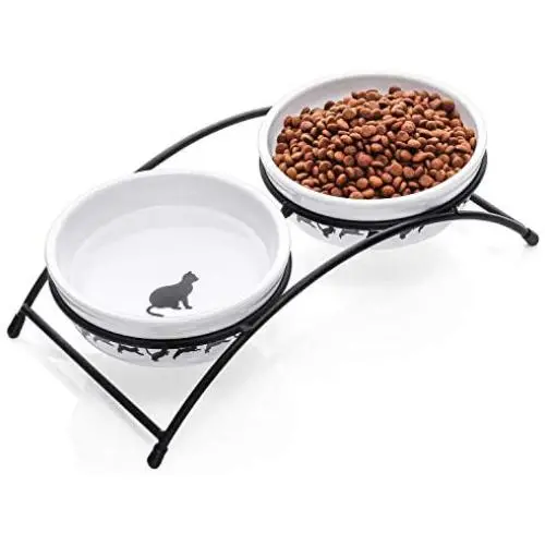 Y YHY Ceramic Raised Pet Cat Bowls, 12 Ounces Elevated Food or Water Bowls, Double Cat Dishes, Gift for Cat, White Y YHY Ceramic Raised Pet Cat Bowls, 12 Ounces Elevated Food or Water Bowls, Double Cat Dishes, Gift for Cat, White