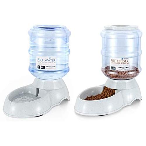 Flexzion Automatic Pet Food Feeder & Waterer Dispenser Set, Auto Gravity Replenish Water Eating Bowl Storage Container Fountain, Self Feeding Station Dog Cat Animal Supplies w/Plastic Jug Rubber Feet