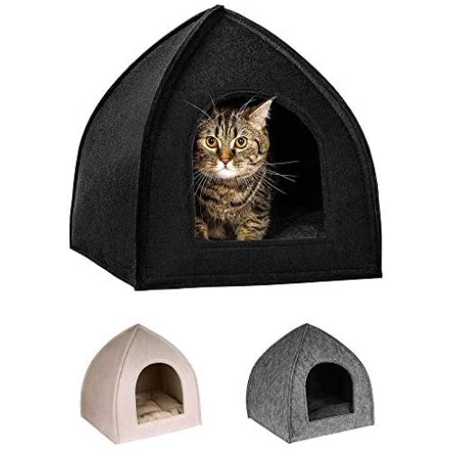 BRONZEDOG Cat House Bed with Removable Cushion Pad Cozy Kitten Cave Cute Pet Tent Beds for Cats Puppy Small Dogs Black Gray Beige