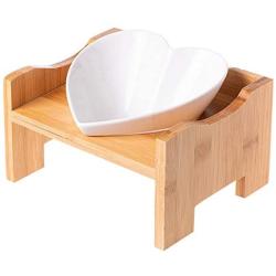 ikjuh Ceramic Cat Bowl with Wood Stand Pet Bowl Heart Shaped Easy Clean 15°Raised Spine Protection Skid Resistance