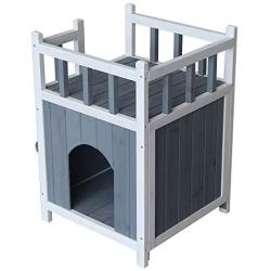 2Krmstr Outdoor Cat House with Balcony,Wooden Cat Shelter for Indoor Outdoor,Kitty Condo,Pet Home for Small Dog Cat Puppy Kitty Rabbit