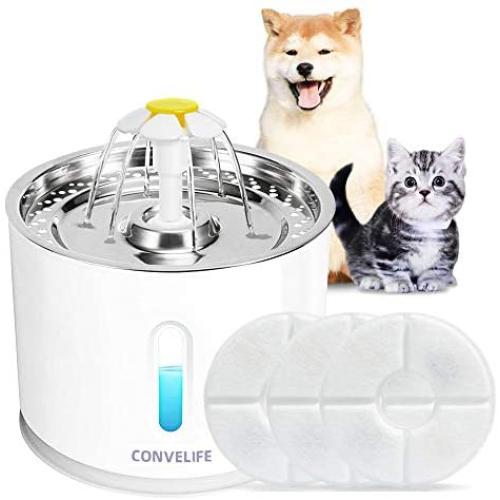 LED Light Pet Fountain Cat and Dog Water Fountain Stainless Steel Top Pet and Cat Water Dispenser Ultra Quiet Water Level Window Water Replaceable Filter Drinking for Cat Water Fountain with Flower