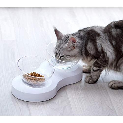 Real Pet Double Cat Bowls - Elevated Cat Food Water Bowls 0/20°Adjustable Tilted Raised Pet Feeder Bowl Tilt Design Neck Guard Stand with Anti Slip Stand for Cats and Small Dogs(Double Bowl)