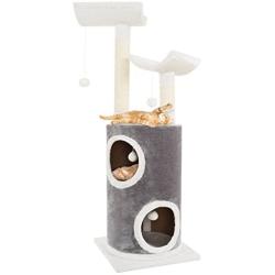 PETMAKER Cat Tree 5 Tier Double Decker Condo 4 Toys 2 Scratching Posts, 44.75'', Gray & White