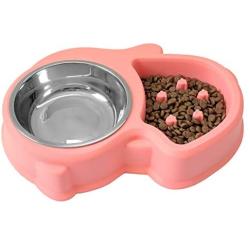 Slow Feed Anti-Choke Pet Bowl Feeder with Stainless Steel Metal Dog Water Bowl - Prevents Pets Eating Quickly Avoids Bloat - Squirrel Pattern (Green, Pink, Blue)