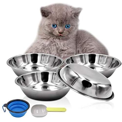 Bac-kitchen 4 Pcs Stainless Steel Dog and Cat Food Dish/Bowls, Shallow Cat Dish, Neater Feeder Extra Replacement Bowl -Metal Food and Water Dish, for Small Dogs and Cats,12oz