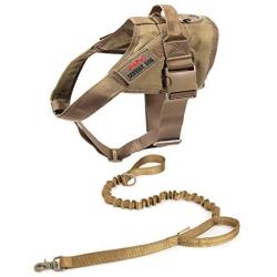 Tactical Dog Harness Vest Adjustable Military Bungee Dog Leash Elastic Leads Rope with Handle(Coyote Brown,Large)