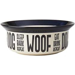 PetRageous 17001 Eat Drink Repeat Two-Tone Stoneware Dishwasher Safe Dog Bowl 4-Cup 8-Inch Diameter 3.75-Inch Tall for Medium and Large Dogs and Cats 32-Ounce Capacity, Off-White