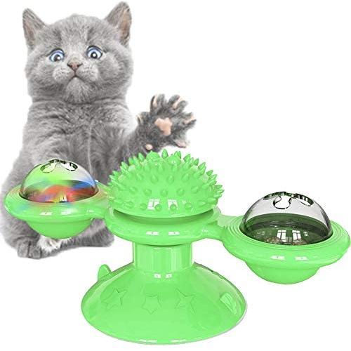 Romote Windmill Cat Toy with Led and Catnip Ball Suction Cup Cat Toys Portable Turntable Teasing Pet Toy Scratch Hair Brush Yellow