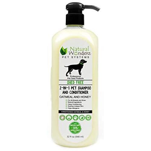Pet Shampoo & Conditioner, Shed Free 2-in-1, Oatmeal and Honey, Organic, Hypoallergenic, Vegan, Natural Extract, for Healthy Skin & Coat, 32 Fl Oz, for Dry Itchy Skin, All Breeds, by Natural Wunderz