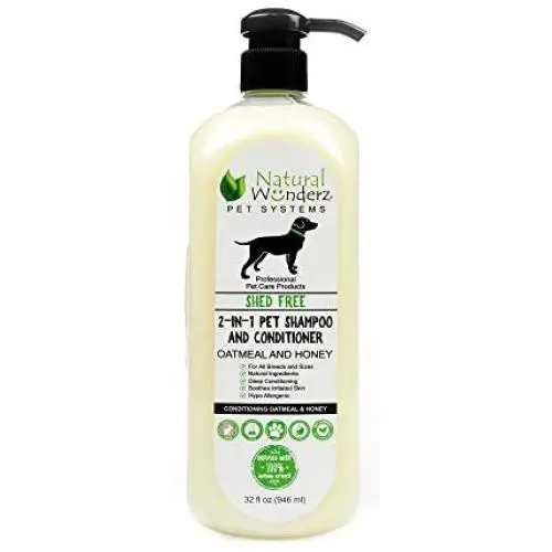 Pet Shampoo & Conditioner, Shed Free 2-in-1, Oatmeal and Honey, Organic, Hypoallergenic, Vegan, Natural Extract, for Healthy Skin & Coat, 32 Fl Oz, for Dry Itchy Skin, All Breeds, by Natural Wunderz