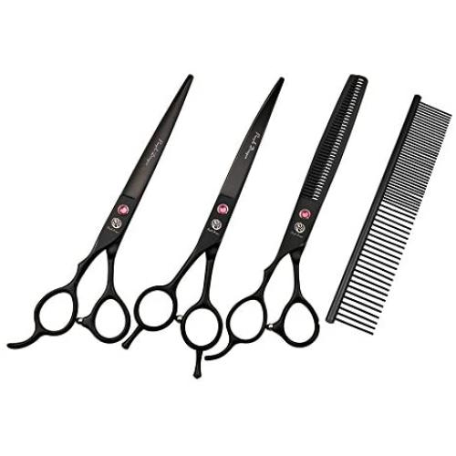 Purple Dragon 7.0'' Left Handed Dog Grooming Hair Cutting Scissor &Curved &Thinning Shear with Bag - for Mancinism Pet Groomer or Family DIY