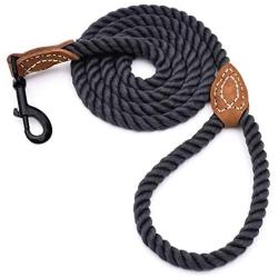 Mile High Life Braided Cotton Rope Leash with Leather Tailor Handle and Heavy Duty Metal Sturdy Clasp (4/5/6 FEET)