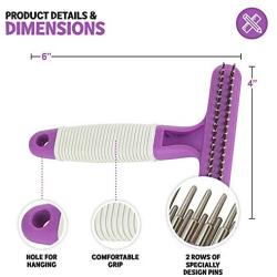 Poodle Pet Dog Grooming Rake| Dematting Tool with Stainless Steel Shedding Comb for Pets | 2 Rows of Pins Gently Remove Loose or Tangled Hair from Undercoat | Purple Handle