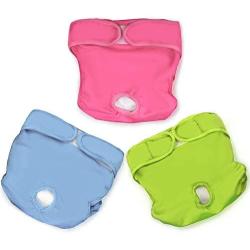 SunGrow Thin Washable Dog Diapers, Fits 9-15 Inches Waist, Pink, Blue and Green Color, Reusable, Soft Fabric Dry Easily, Elastic Waist, Easy to Use Touch Fastener, Pack of 3