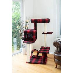 Armarkat Model B5008 50-inch Classic Cat Tree with Veranda, Bench, Mini Perch, and Spacious Lounger in Scotch Plaid, Black/Red, 31''''(l) x 28''''(w) x 50''''(h)