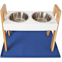 Leashboss Splash Mat XL Silicone Dog Food Mat (Blue) and Skyrise Adjustable Elevated Dog Feeder - Modern Raised Dog Bowls Adjust to 3 Heights, 8'', 11'', 14''