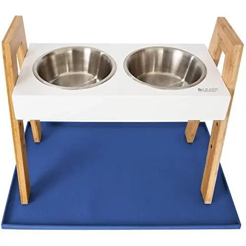 Leashboss Splash Mat XL Silicone Dog Food Mat (Blue) and Skyrise Adjustable Elevated Dog Feeder - Modern Raised Dog Bowls Adjust to 3 Heights, 8'', 11'', 14'' Leashboss Splash Mat XL Silicone Dog Food Mat (Blue) and Skyrise Adjustable Elevated Dog Feeder - Modern Raised Dog Bowls Adjust to 3 Heights, 8'', 11'', 14''