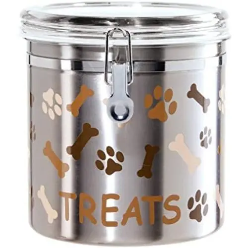 Oggi Airtight Stainless Steel 130-Ounce Pet Treat Canister with Treats, Paws and Bones Motif-Clear Acrylic Flip-Top Lid with Locking Clamp Closure Oggi Airtight Stainless Steel 130-Ounce Pet Treat Canister with Treats, Paws and Bones Motif-Clear Acrylic Flip-Top Lid with Locking Clamp Closure