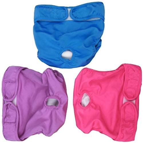SunGrow Washable Dog Diapers, Fits 9-15 Inches Waist, Blue, Purple and Pink, Reusable, Super-Absorbent Soft Fabric, Elastic Waist, Easy to Use Touch Fastener, Pack of 3