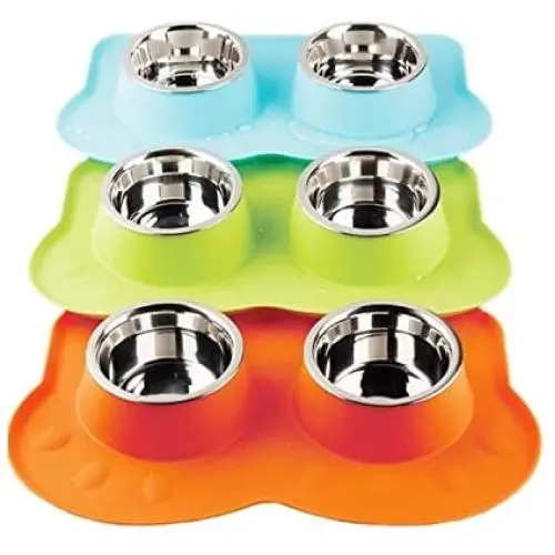 Pawise Dog Bowls Double Stainless Steel Bowls with Non-Skid Removable Silicone Mat Cat Bowls (Color Random) Pawise Dog Bowls Double Stainless Steel Bowls with Non-Skid Removable Silicone Mat Cat Bowls (Color Random)