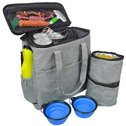 maxpama Dog Travel Bag - Weekend Tote Organizer Bag for Pet Travel, Airline Approved - Includes 1X Pet Travel Bag, 2X Food Storage Containers and 2X Collapsible Silicone Dog Bowls - Gray