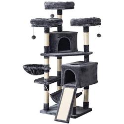 IBUYKE 63'' Cat Tree Tower for Large Cats Play Furniture Cat Condo with Sisal Scratching Posts&Board, Cat Hammock Basket, Dangling Balls, Smoke Gray, Light Gray, Beige UCT021